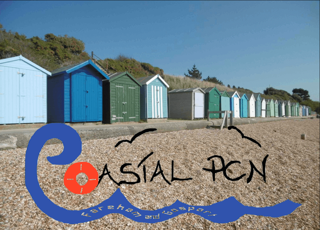 A row of beach huts with the Coastal PCN logo overlaid